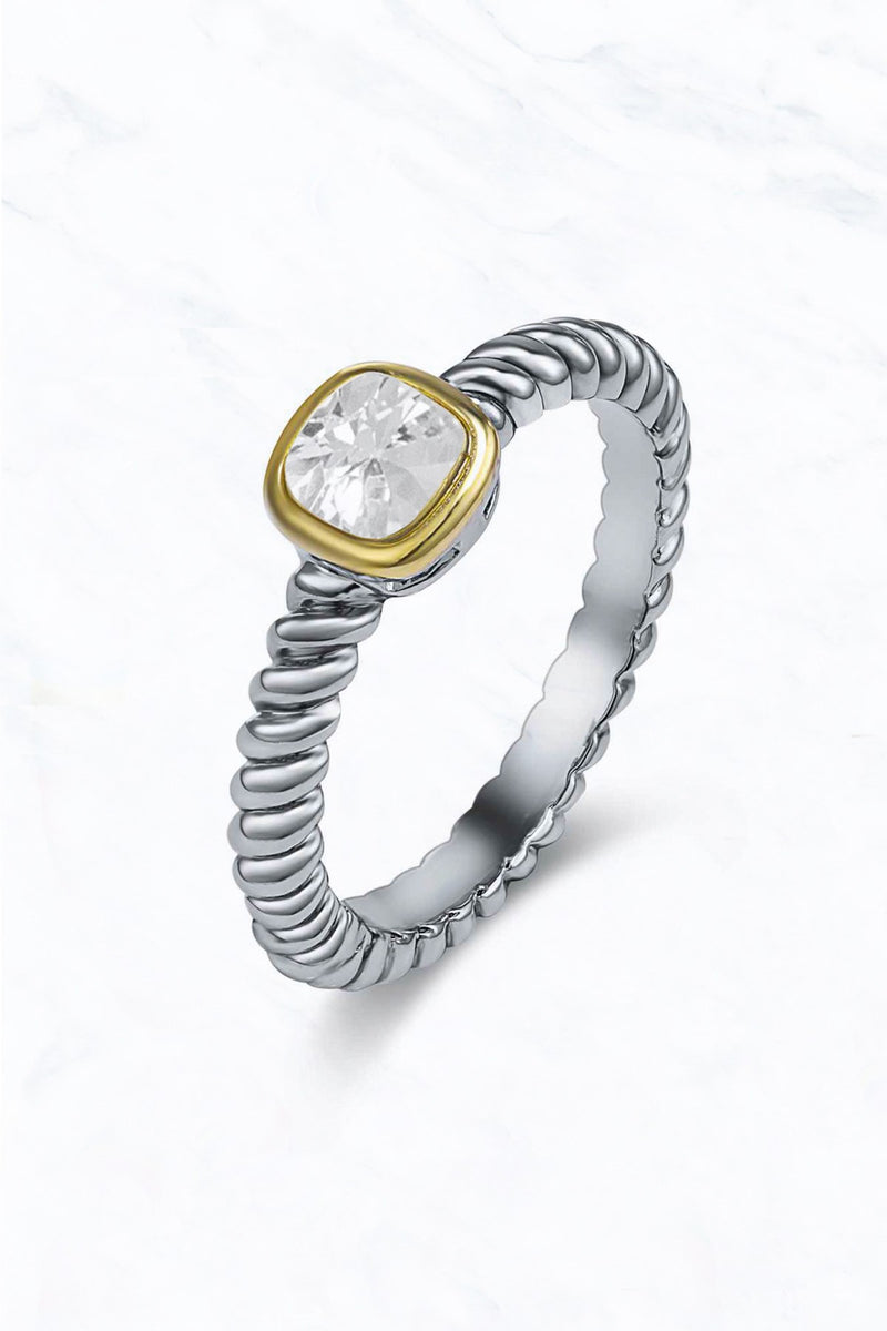 Two Tone Clear Cushion Cut Roped Fashion Ring