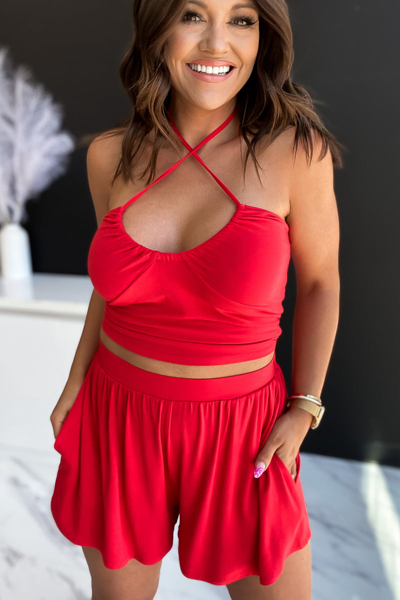 Rafaela Red Convertible Cutout Jersey Knit Top