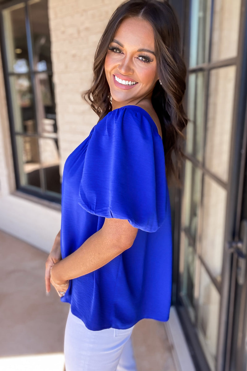 You Can Fly Royal Blue Solid Short Puffed Sleeves Top