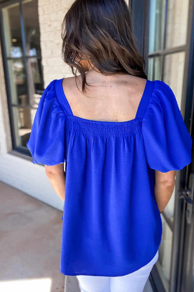 You Can Fly Royal Blue Solid Short Puffed Sleeves Top