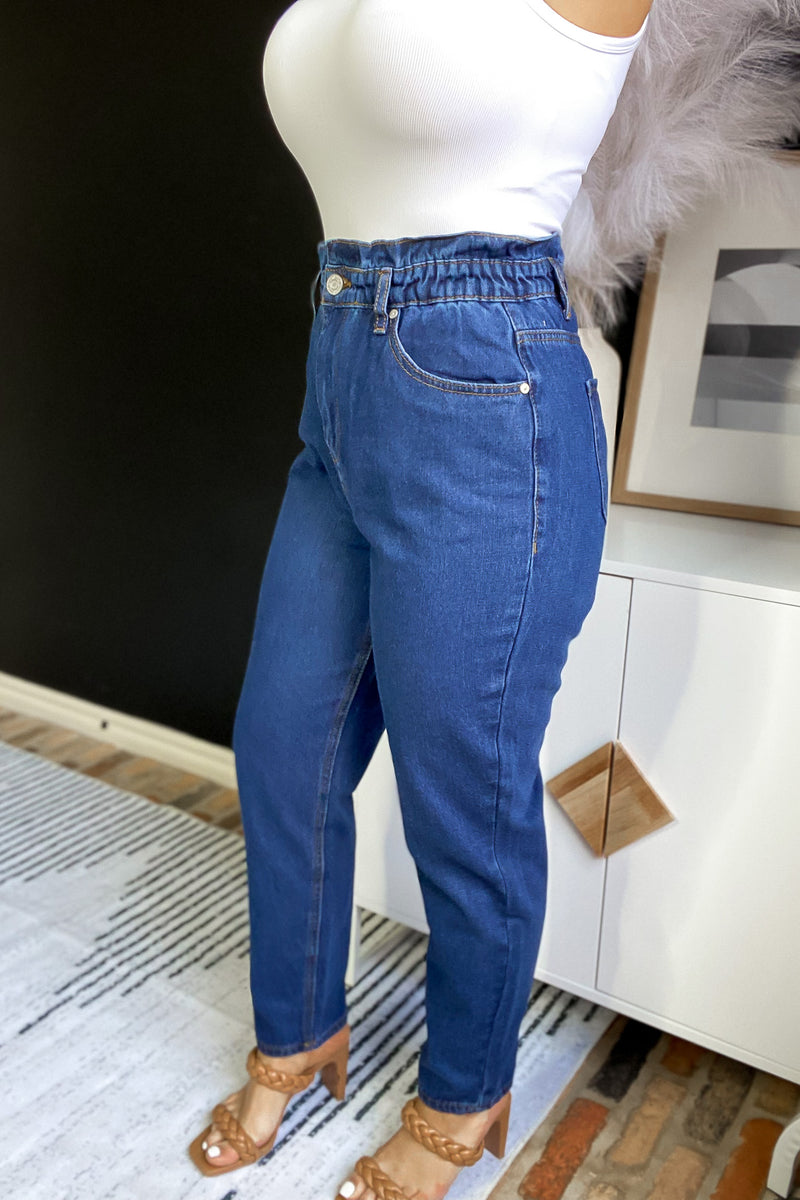 Things Are Looking Up Dark Wash Paperbag Jeans