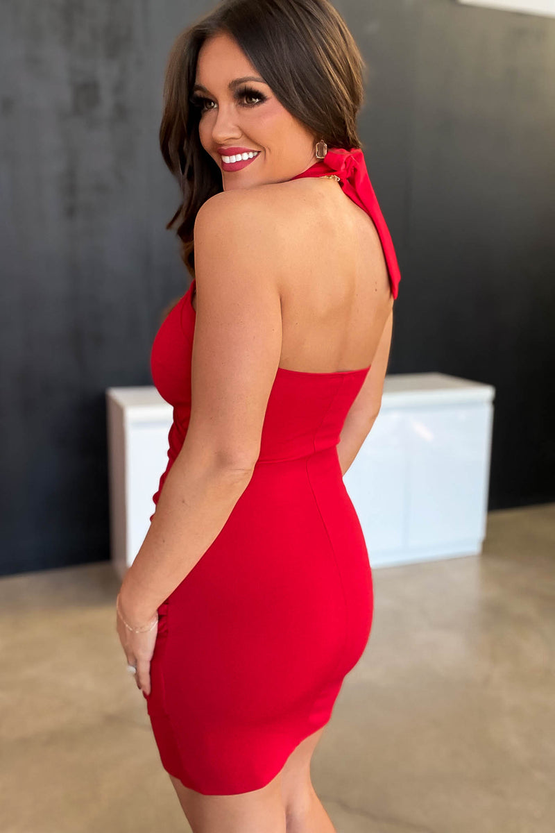 RED HALTER WRAPPED MINI BODYCON DRESS