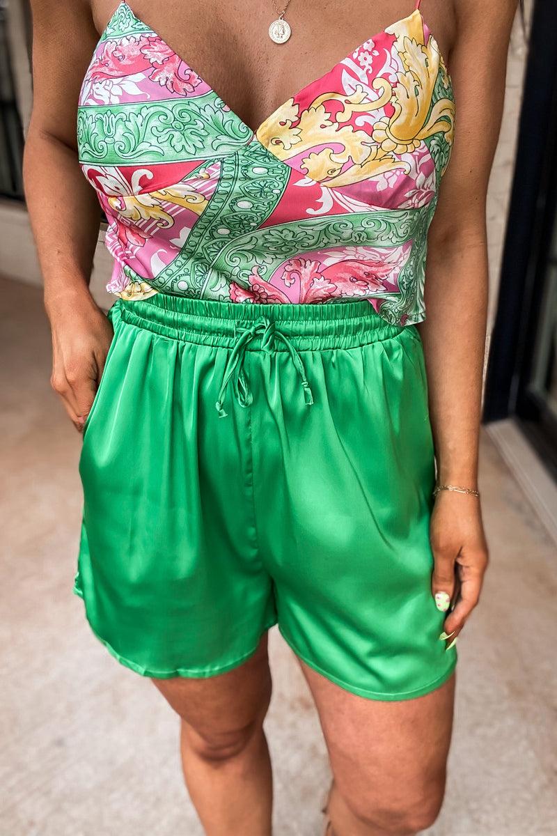 Love That Lasts Green Satin Shorts