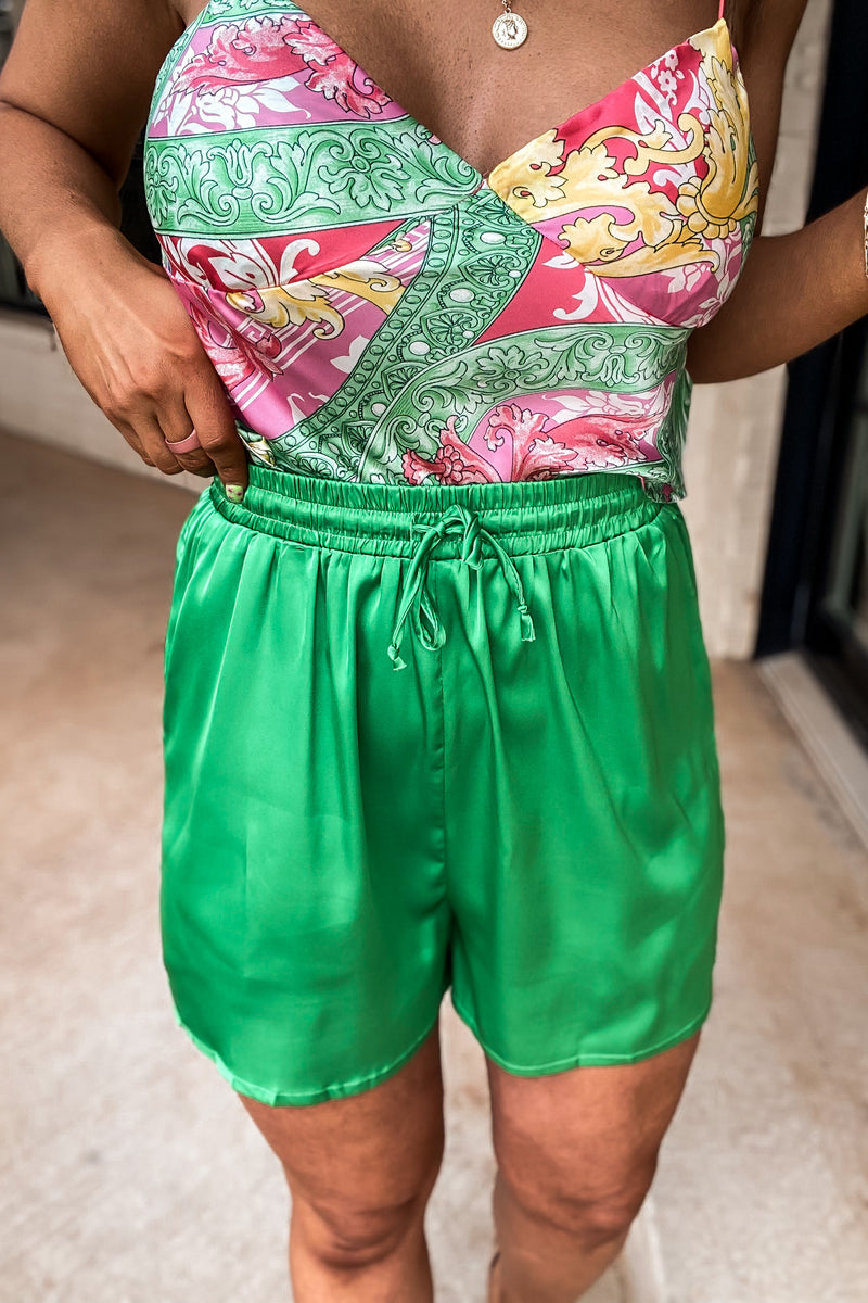 Love That Lasts Green Satin Shorts