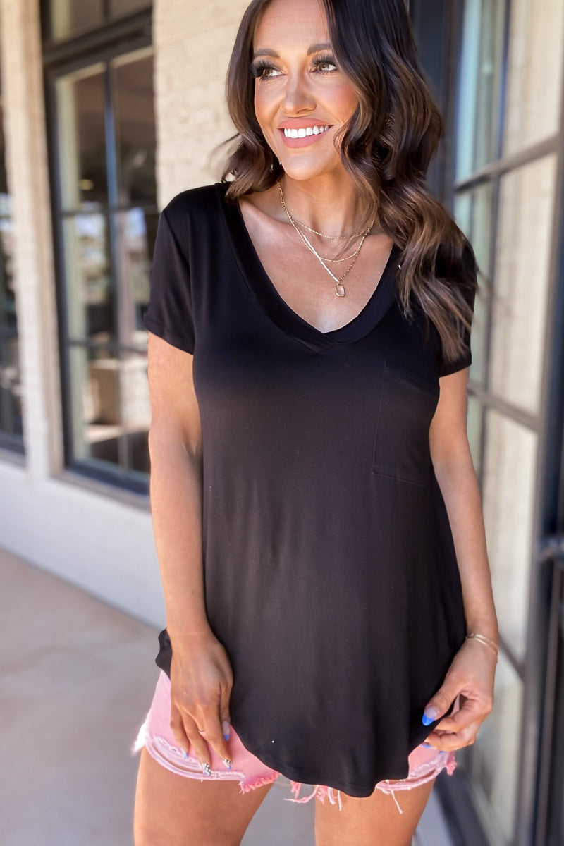 Longline Black Deep V-Neck Pocket Shirt