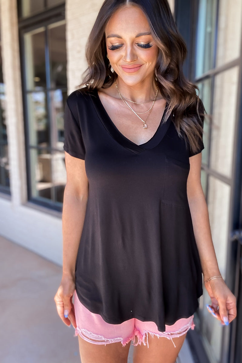 Longline Black Deep V-Neck Pocket Shirt