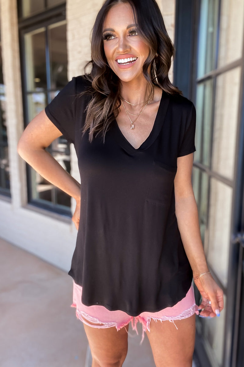 Longline Black Deep V-Neck Pocket Shirt