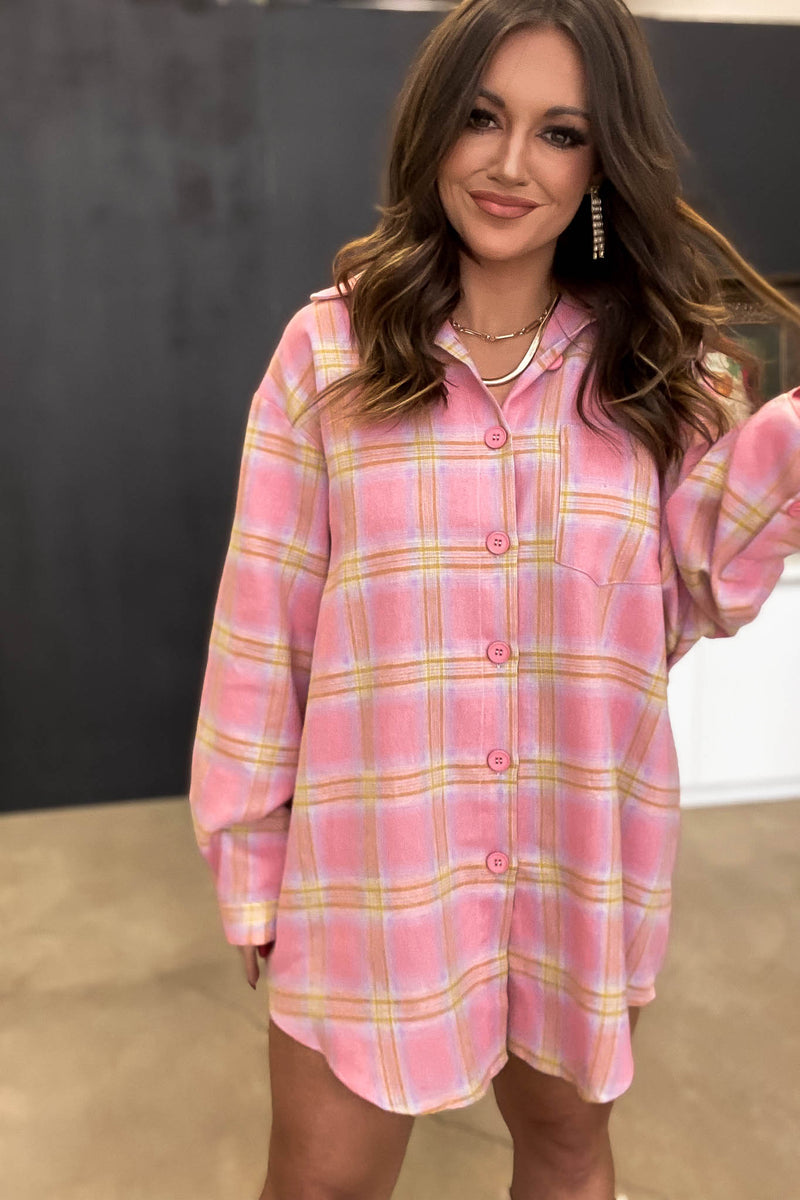 Over The Moon Pink Over Size Plaid Tunic