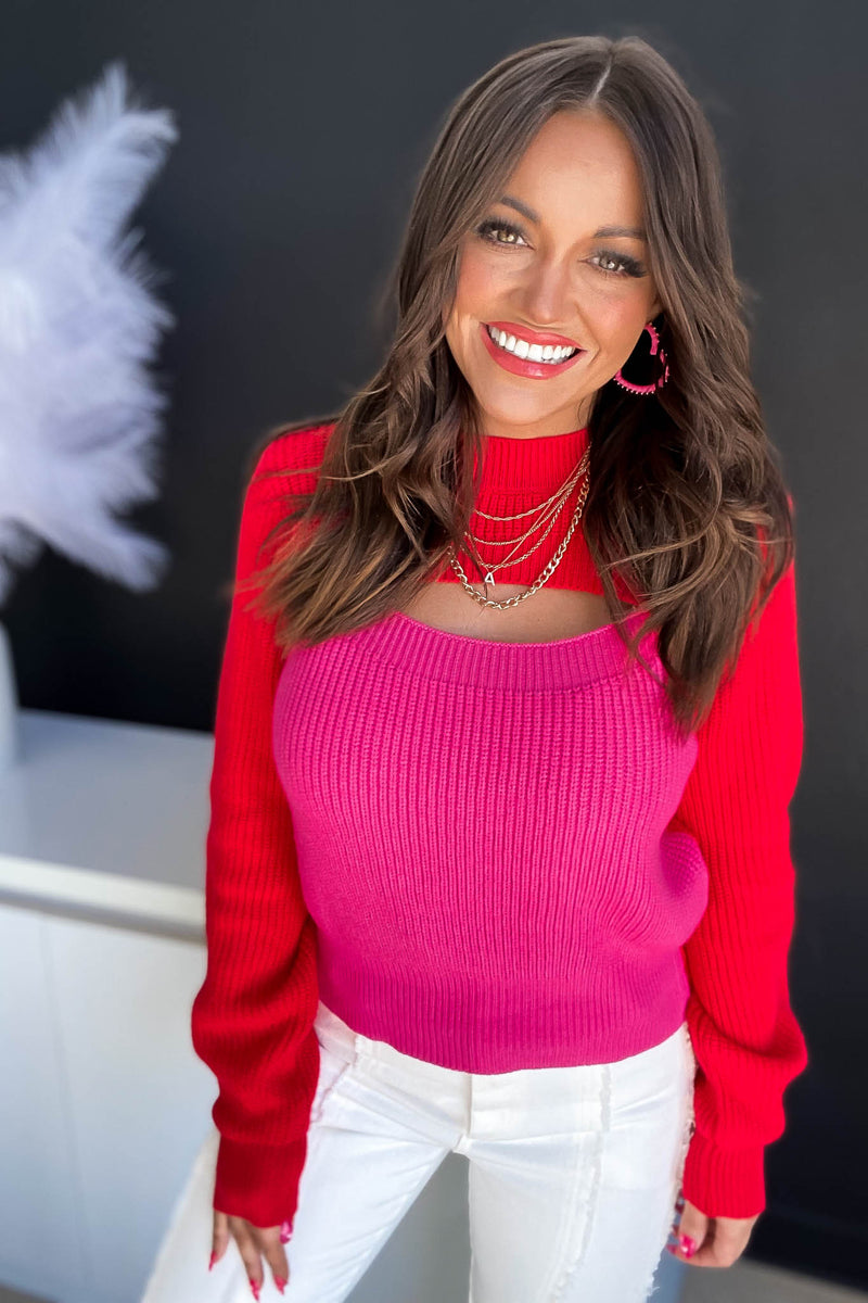 TAKE A CHANCE RED AND PINK CUTOUT CROPPED SWEATER