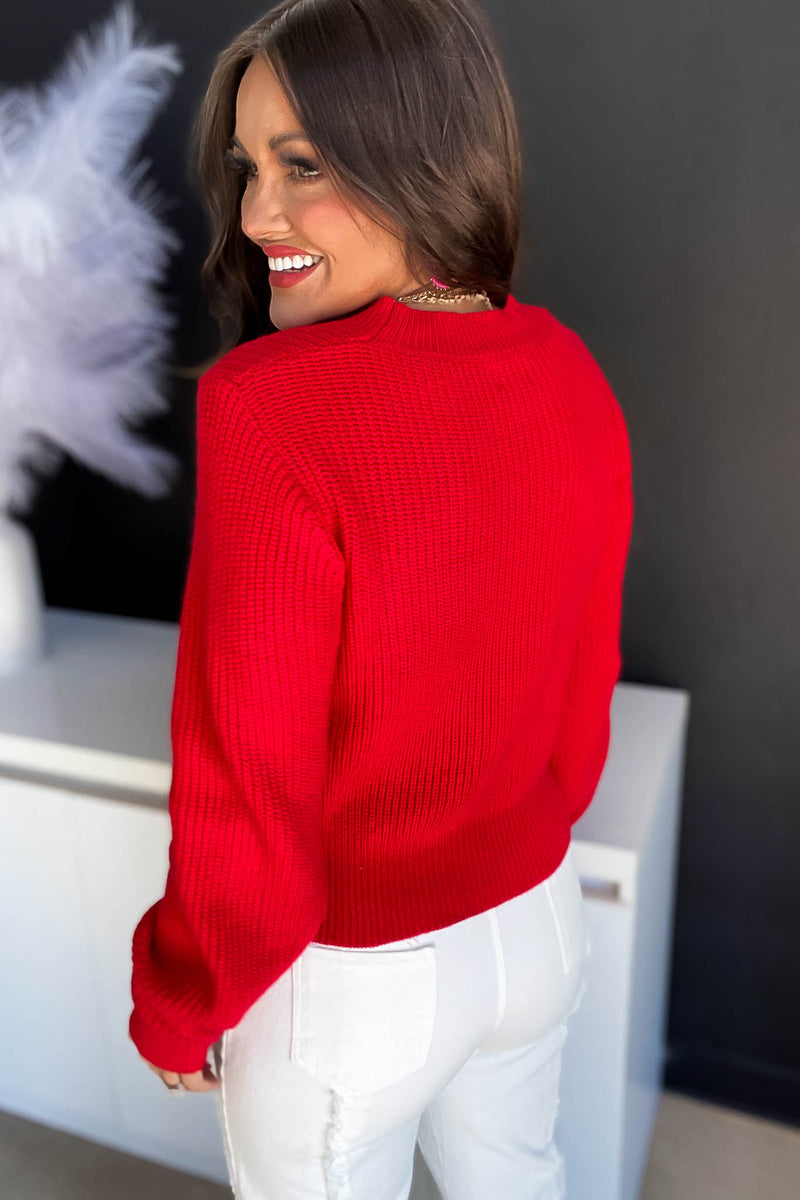 TAKE A CHANCE RED AND PINK CUTOUT CROPPED SWEATER