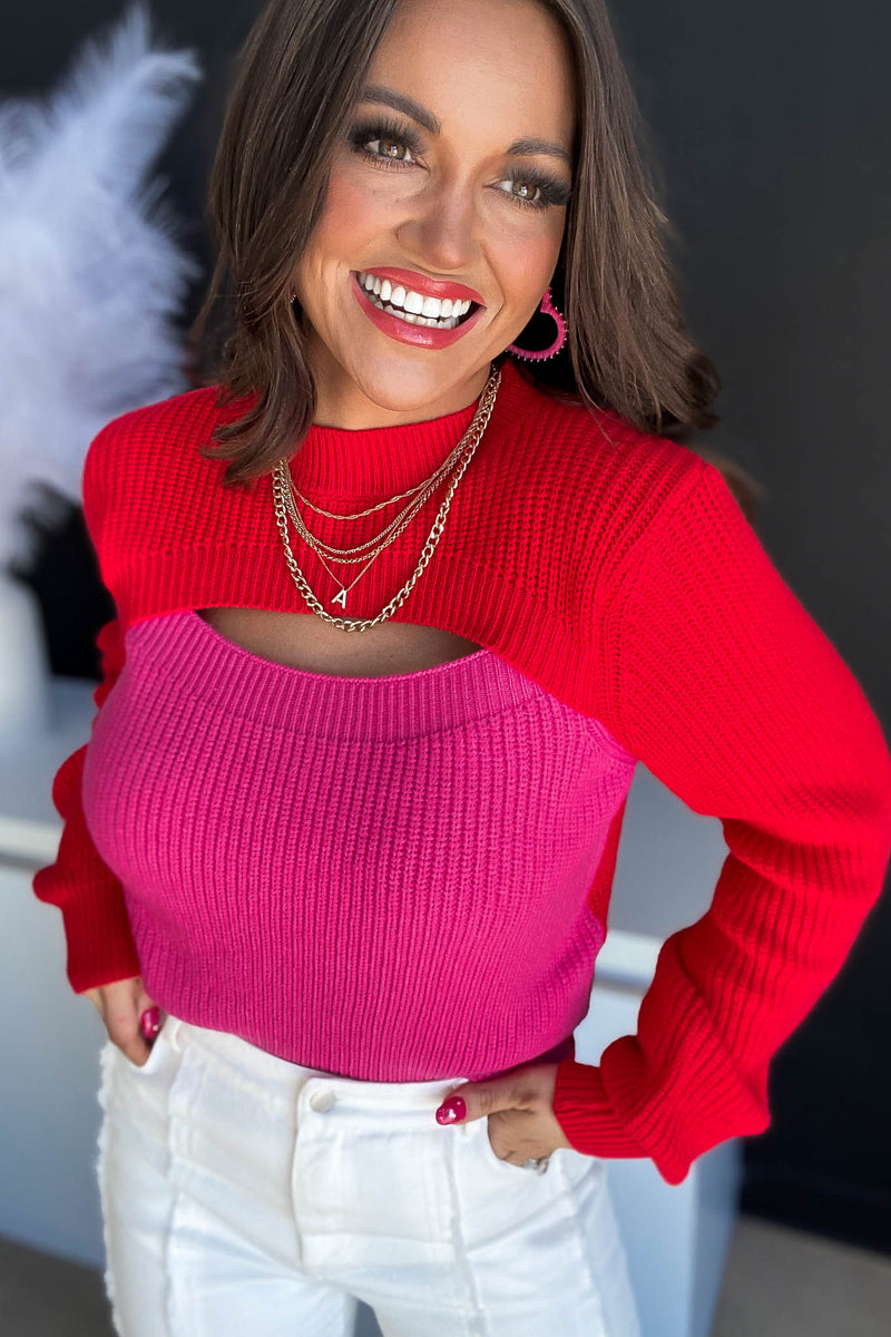 TAKE A CHANCE RED AND PINK CUTOUT CROPPED SWEATER