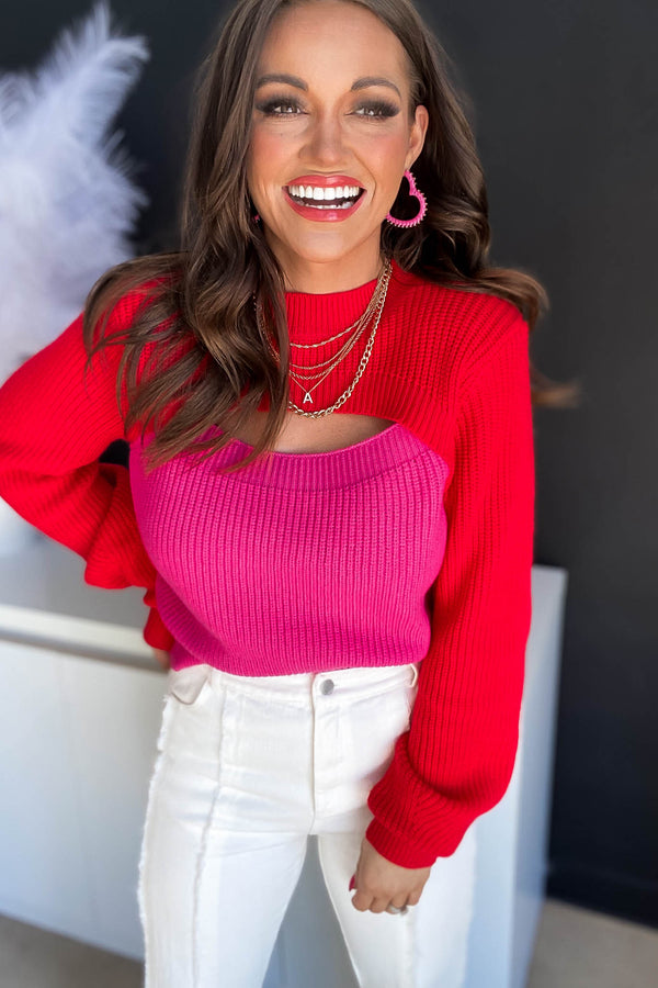 TAKE A CHANCE RED AND PINK CUTOUT CROPPED SWEATER