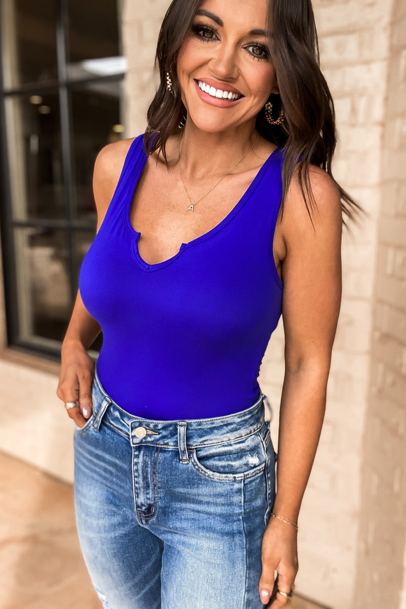 In My Moment Bright Blue Brushed Split Neck Bodysuit