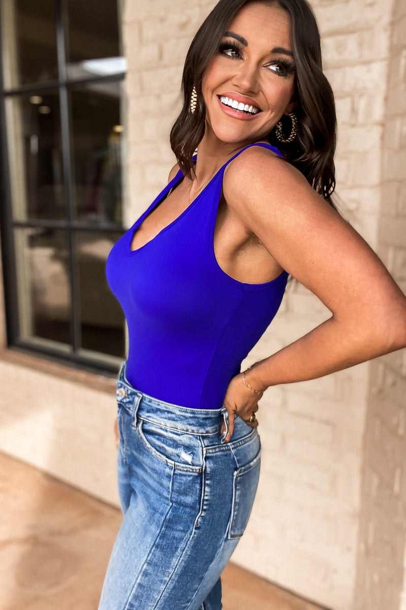 In My Moment Bright Blue Brushed Split Neck Bodysuit