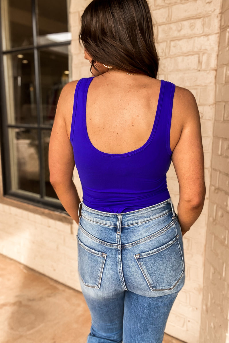 In My Moment Bright Blue Brushed Split Neck Bodysuit