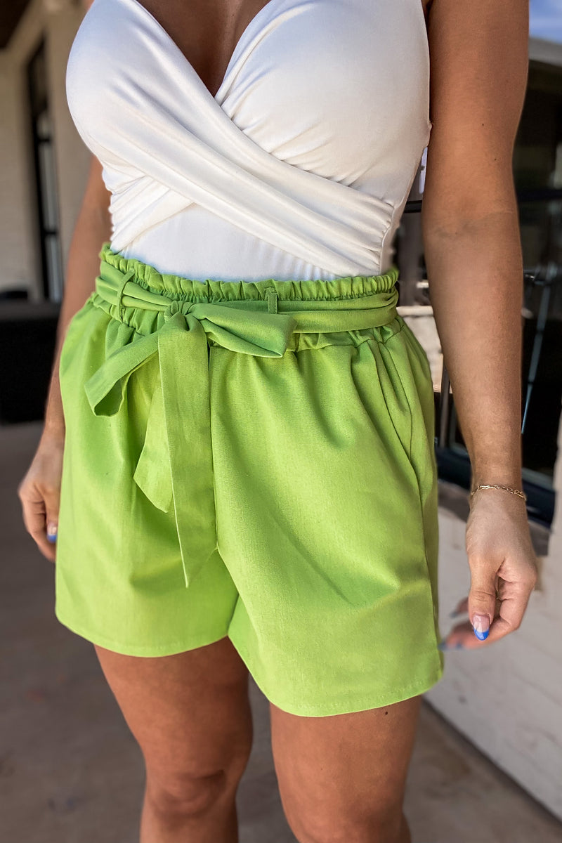 Stolen My Heart Green Apple Waist Tie Detailed Linen Shorts