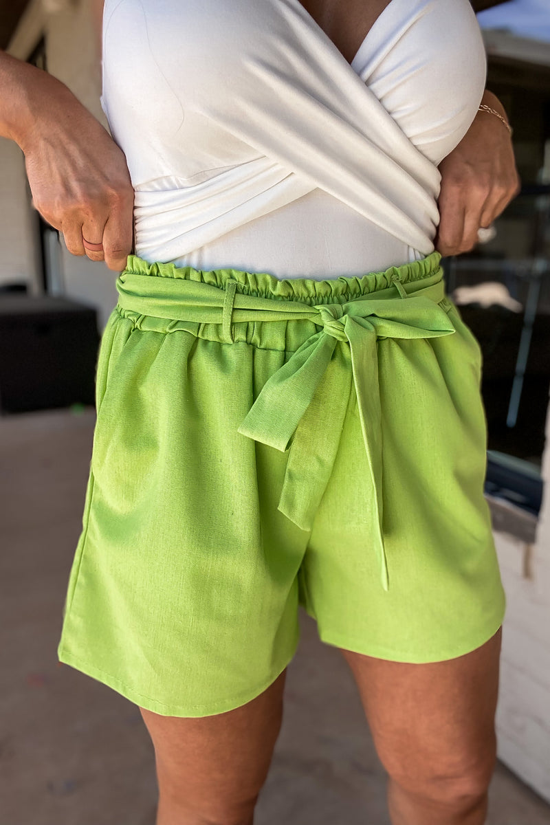 Stolen My Heart Green Apple Waist Tie Detailed Linen Shorts