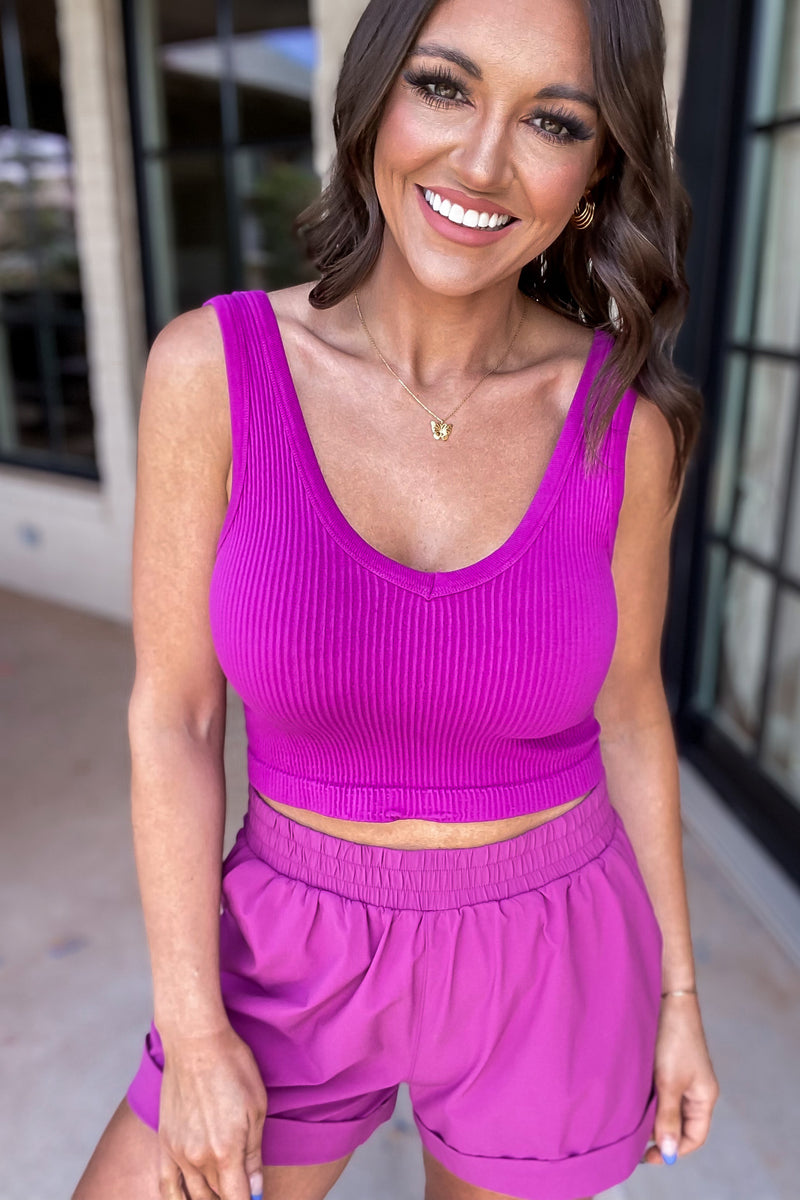 Ribbed Seamless Purple Wine Cropped Tank Top