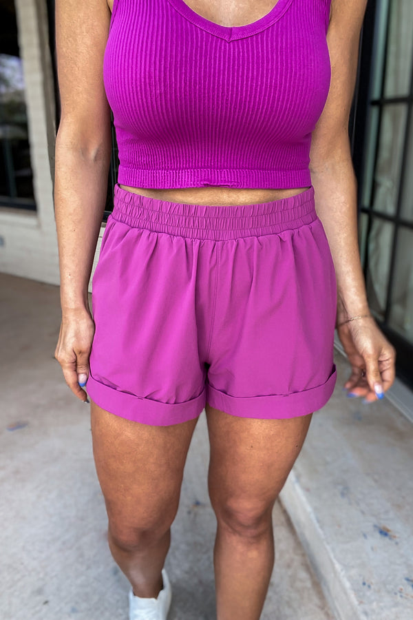 Highwaist Athleisure Cuffed Leg Purple Wine Shorts