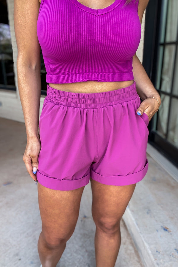 Highwaist Athleisure Cuffed Leg Purple Wine Shorts