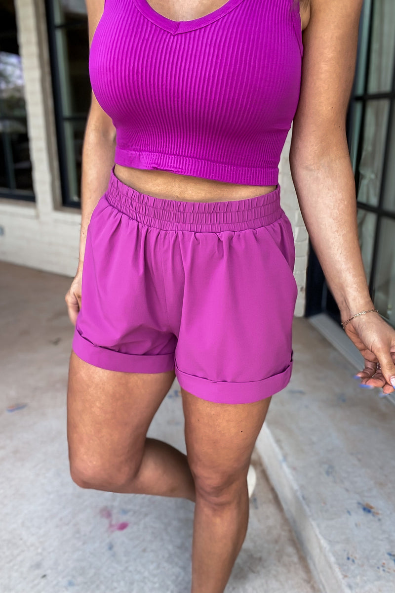 Highwaist Athleisure Cuffed Leg Purple Wine Shorts