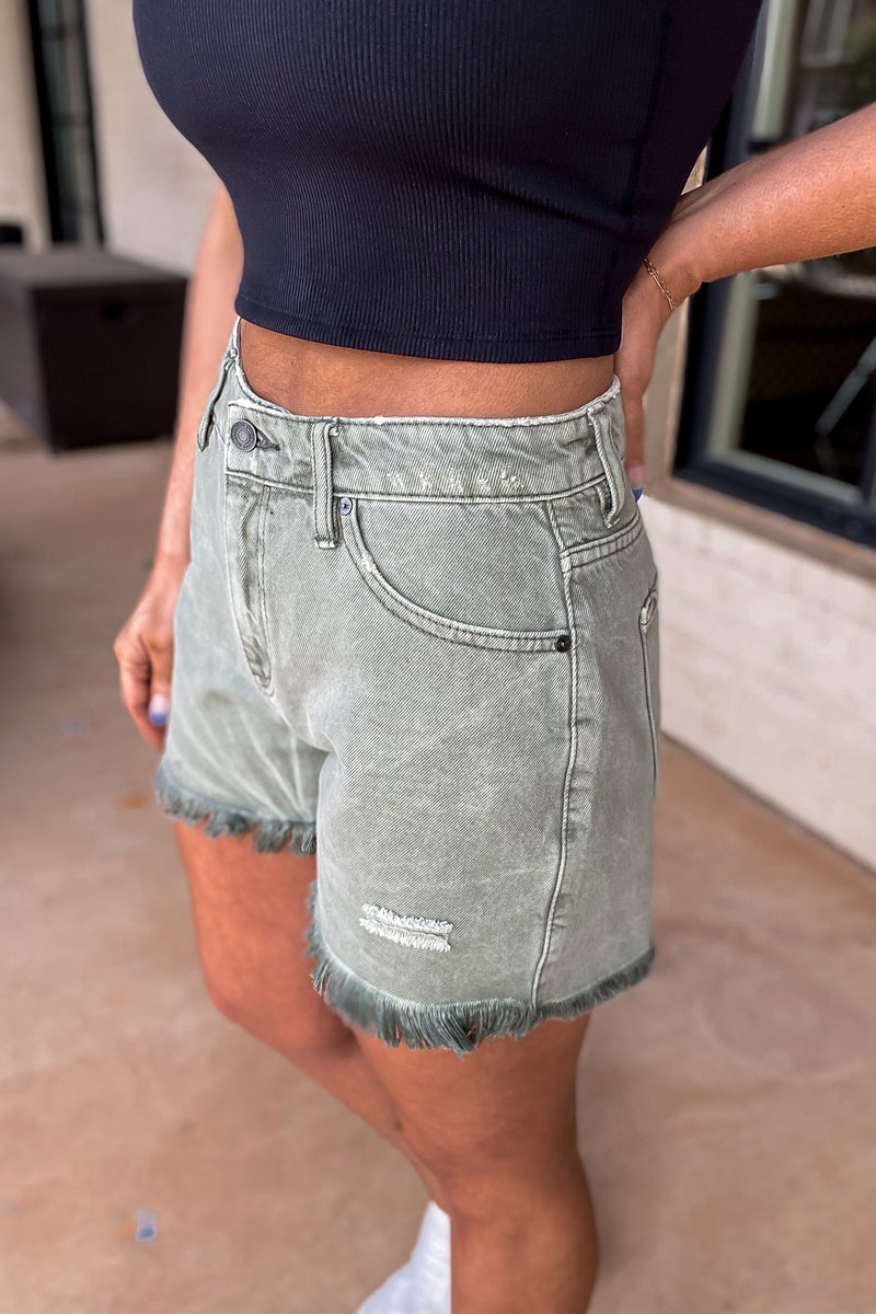 Changing Paths Olive Distressed Denim Shorts