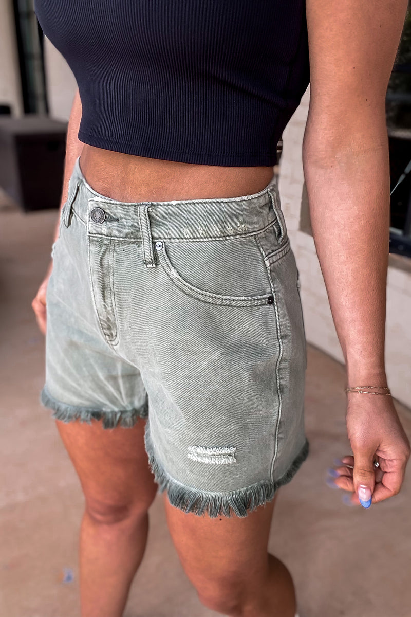 Changing Paths Olive Distressed Denim Shorts