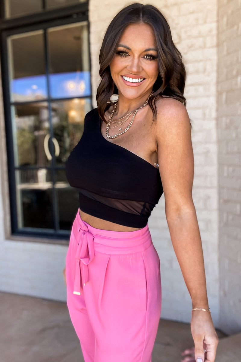 Fore Black One Shoulder Mesh Panel Crop Top