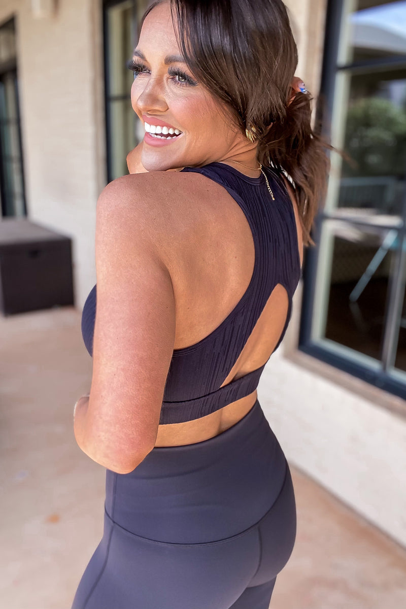 Textured Lines Jacquard TACTEL® Black Sports Bra