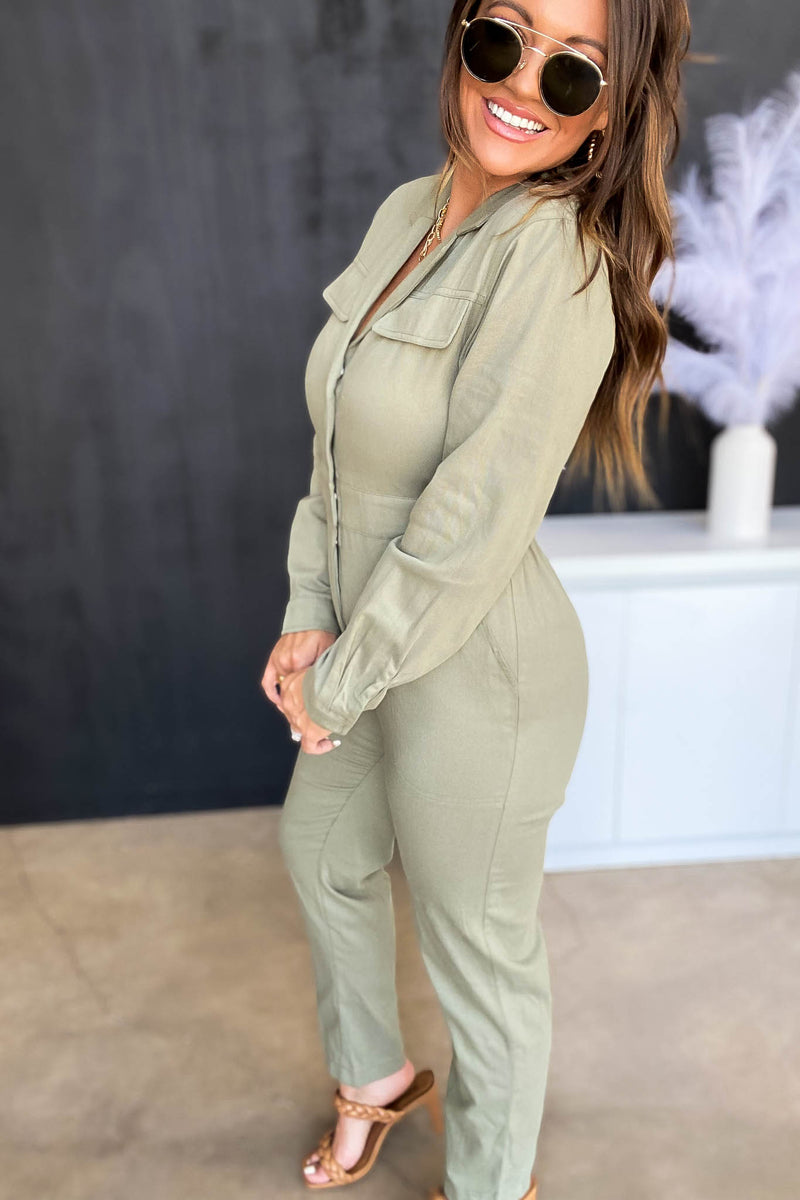 Hard To Get Olive Solid Utility Jumpsuit