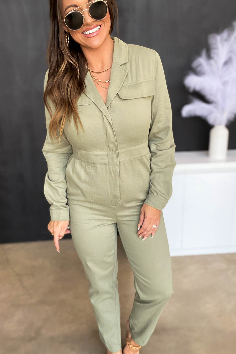 Hard To Get Olive Solid Utility Jumpsuit