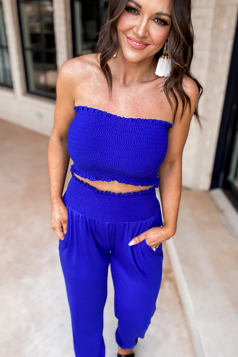 I Promise You Bright Blue Smoked Tube Top & Jogger Pants