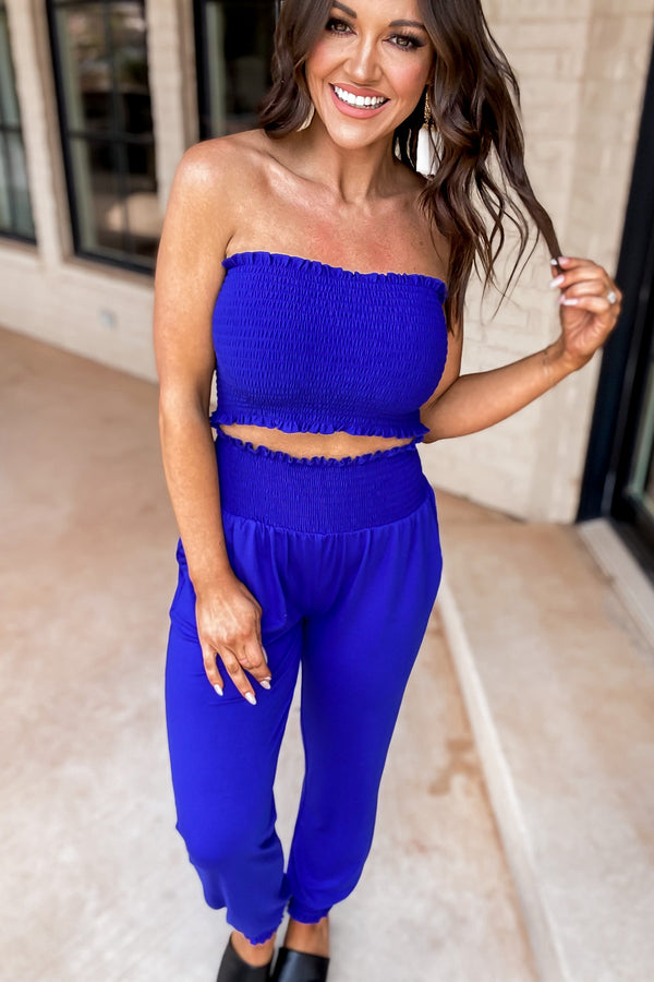 I Promise You Bright Blue Smoked Tube Top & Jogger Pants
