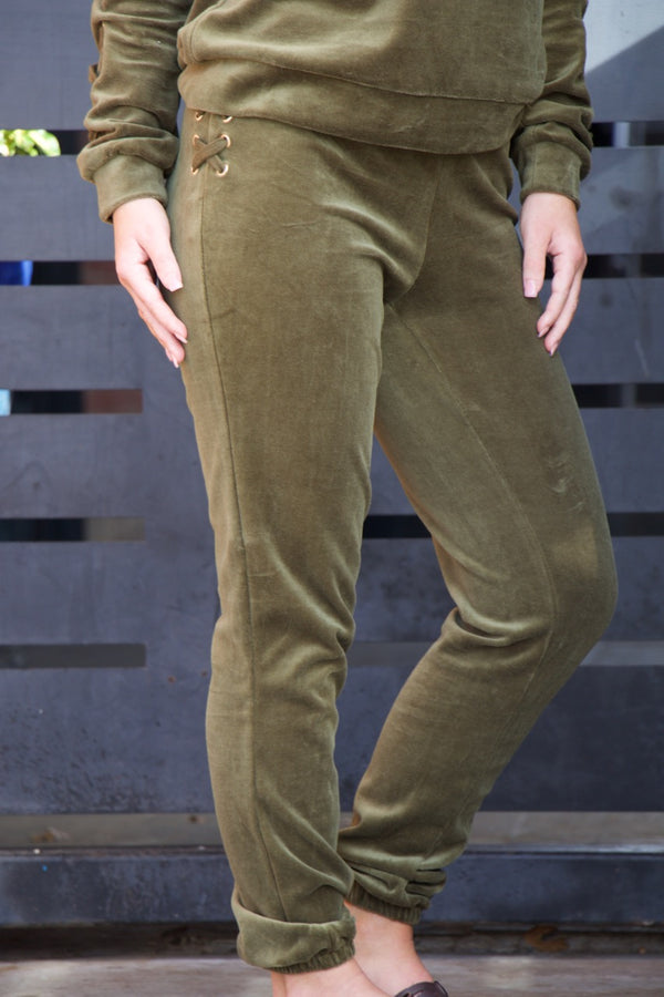 Run To You Olive Velour Lace Up Jogger Pants