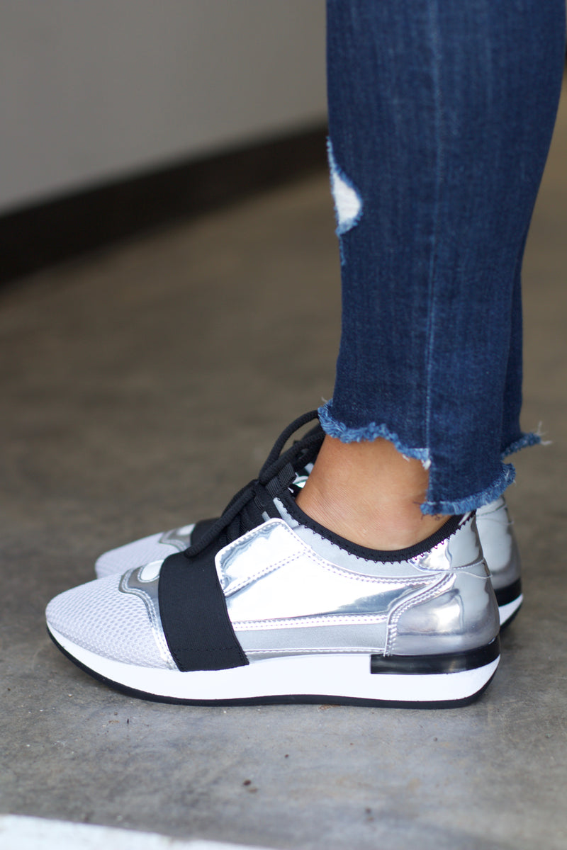Oshton Silver Shiny Metal Lace Up Sneaker